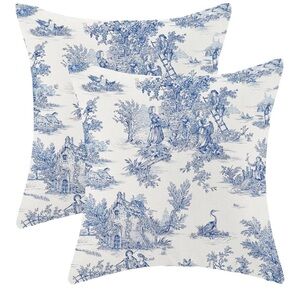 Blue Toile French Country Pillow Covers Set/2 Linen Blend 18” Square. New